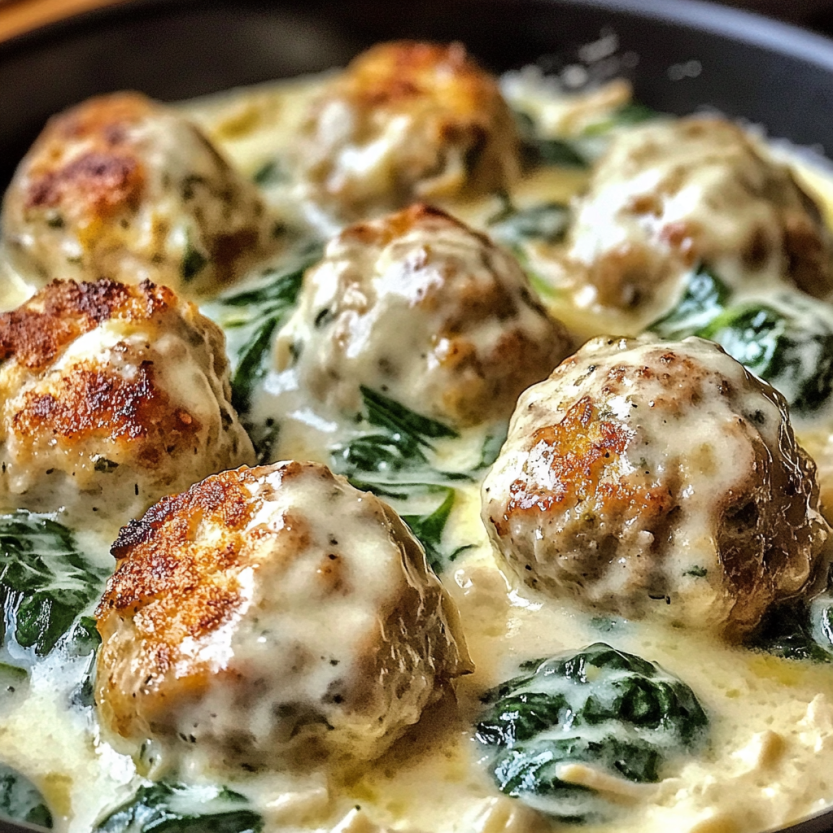Une image de Southern Style Baked Chicken Ricotta Meatballs with Spinach Alfredo.