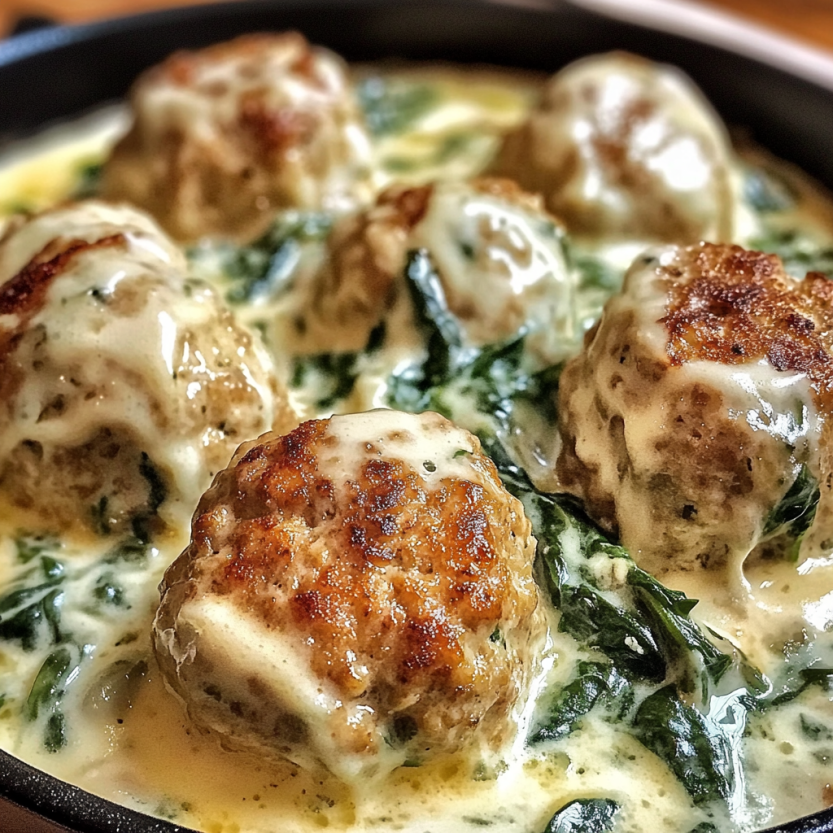 Une image de Southern Style Baked Chicken Ricotta Meatballs with Spinach Alfredo.