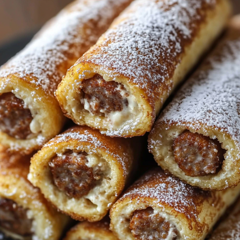 Des french toast roll-ups pétillants, recouverts de sucre et de graines de café, sont disposés sur une table.