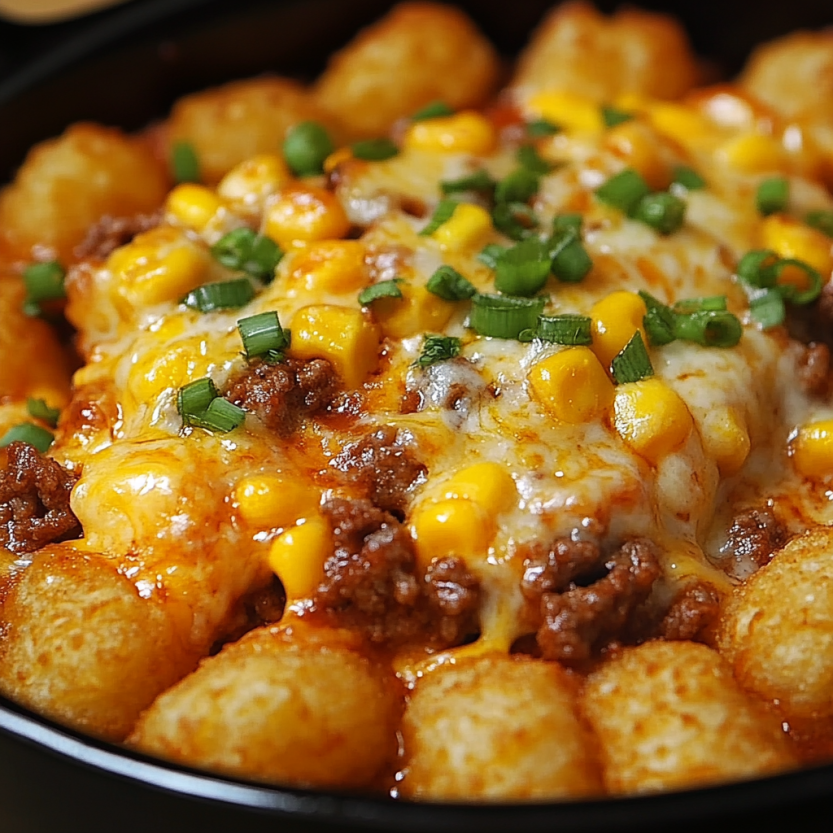 Une casserole de cowboy avec des pommes de terre, des tacos et des légumes.