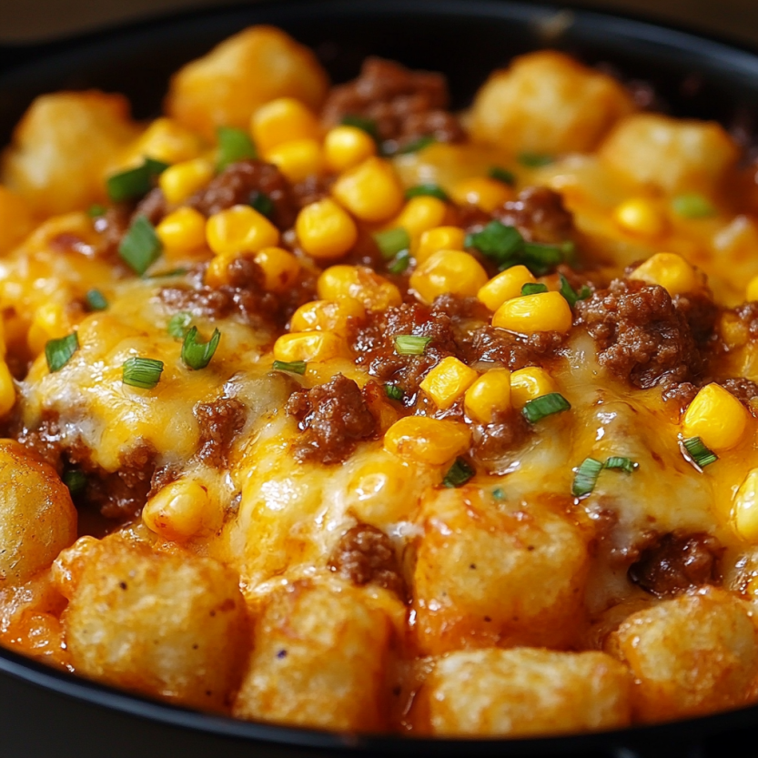 Une casserole de cowboy avec des pommes de terre, des cornichons et des chili.