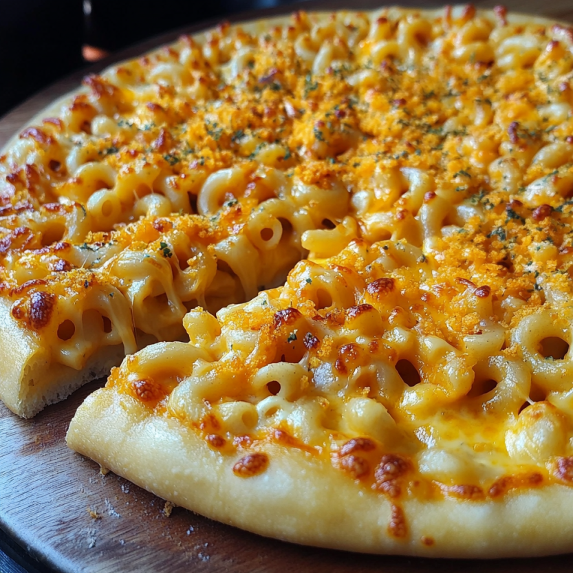 Une pizza macaroni et fromage.