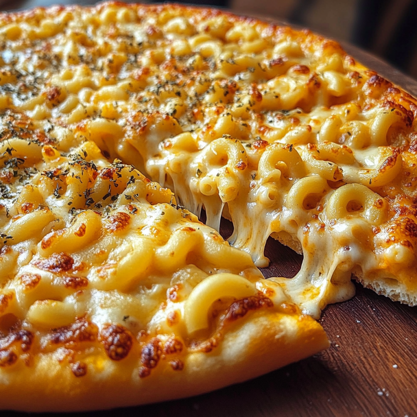 Une pizza macaroni et fromage.