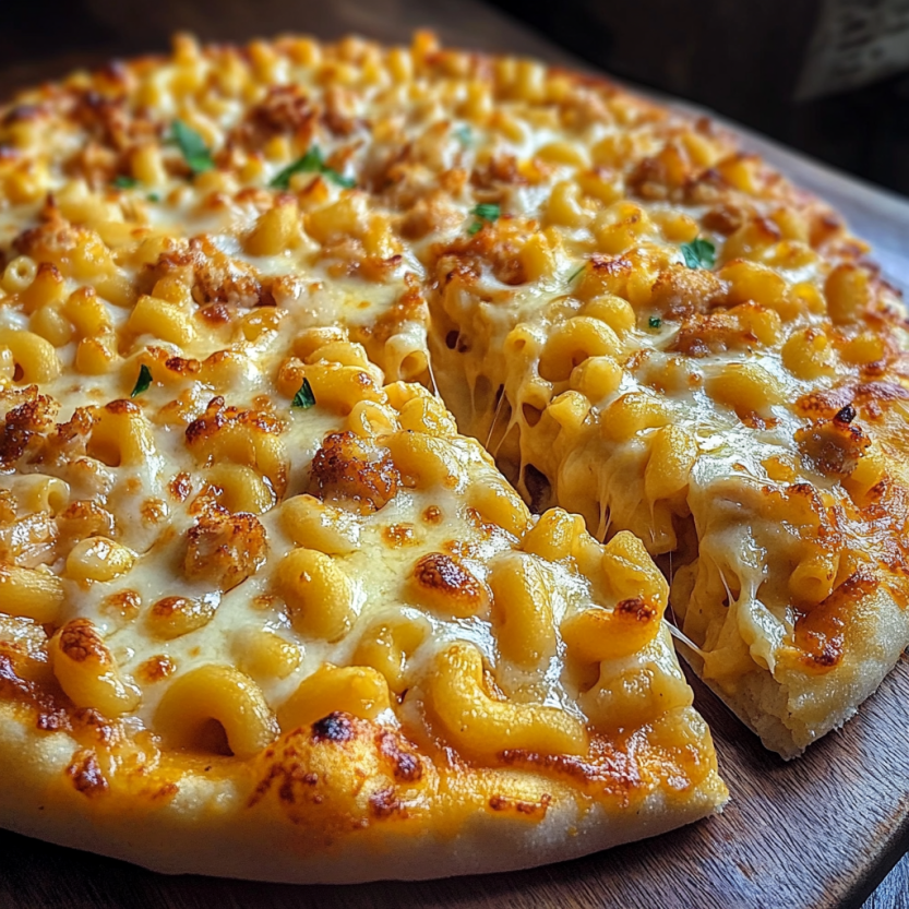Une pizza macaroni et fromage.
