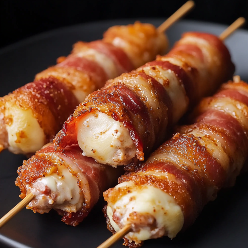 Bacon-wrapped mozzarella sticks sur un plateau.