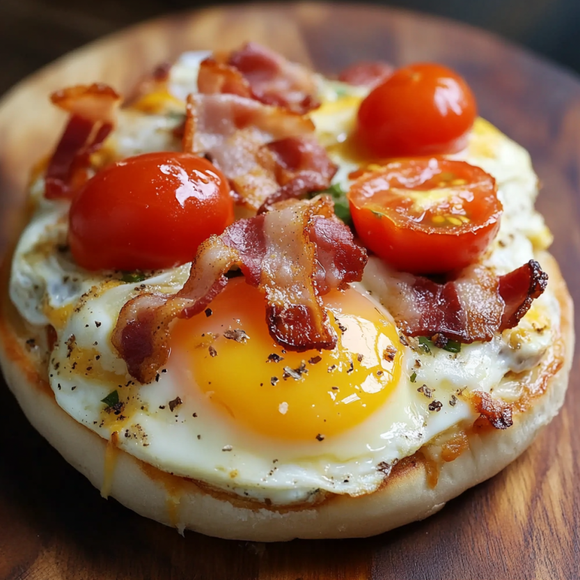 Une pizza de matin avec des tomates, des bacon et une omelette.