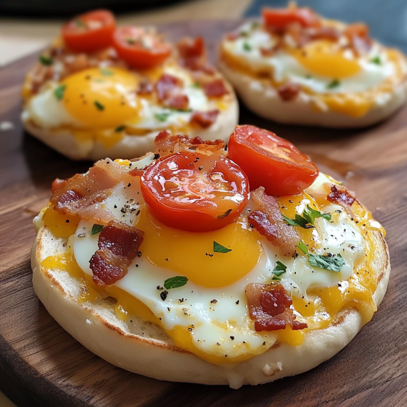 Un English Muffin Breakfast Pizza avec des tomates, des oeufs et du bacon.