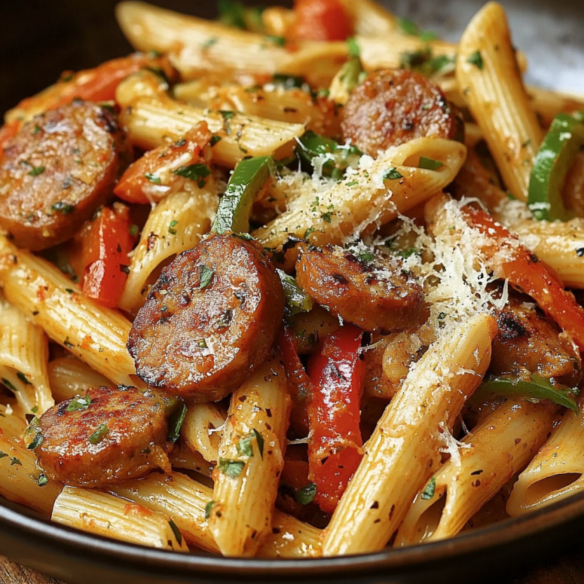 Une assiette de penne avec des saucisses et des légumes.