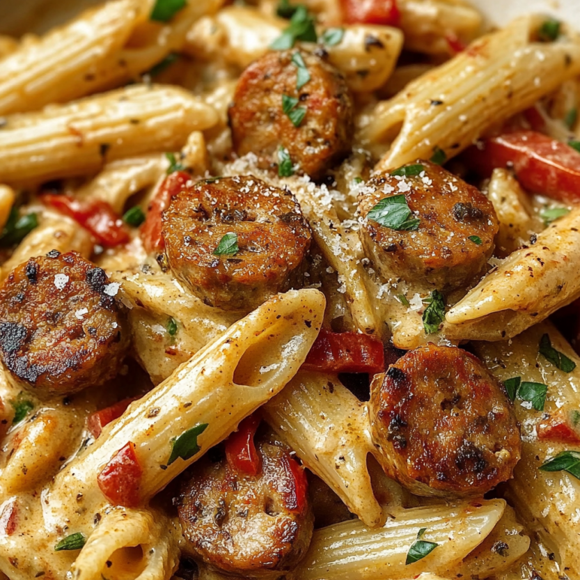 Une assiette de spaghetti avec des saucisses et des légumes.