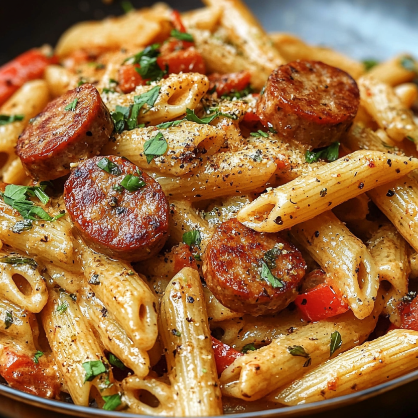 Une assiette de macaroni avec des saucisses et des légumes.