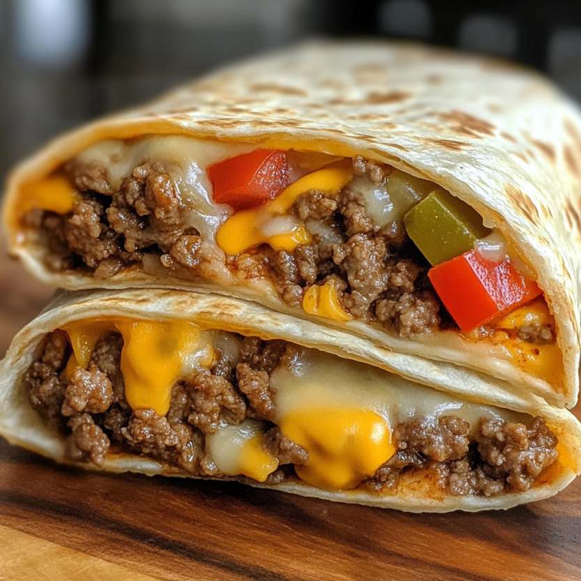 Un sandwich de cheeseburger enroulé dans du tortilla, avec des légumes et du fromage.