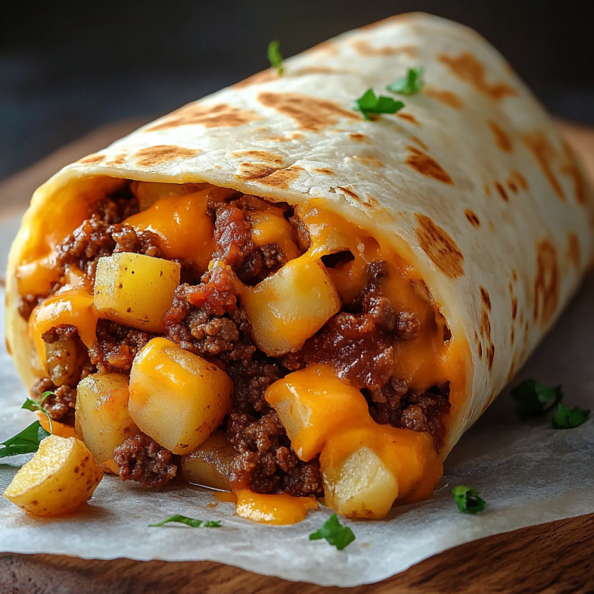 Un burrito de pommes de terre et de viande chaude et savoureuse.