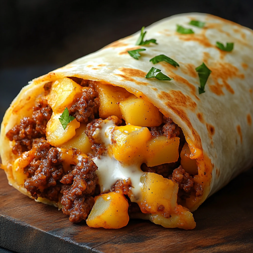 Un burrito de pommes de terre et de viande avec des pommes de terre et du fromage.