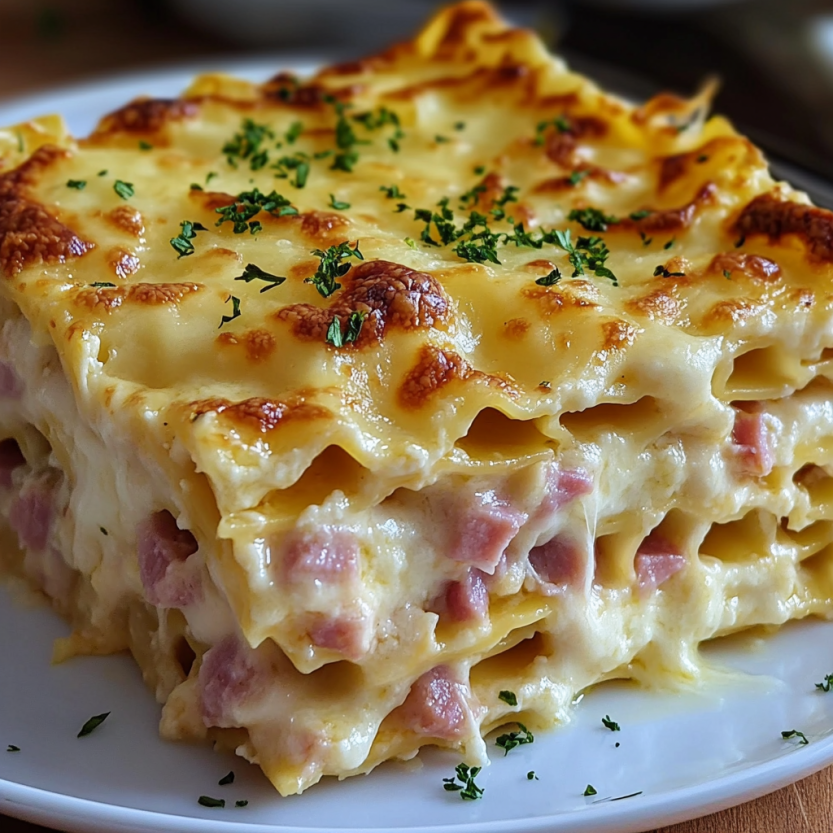 Une lasagna avec du ham et du fromage sur un plateau.