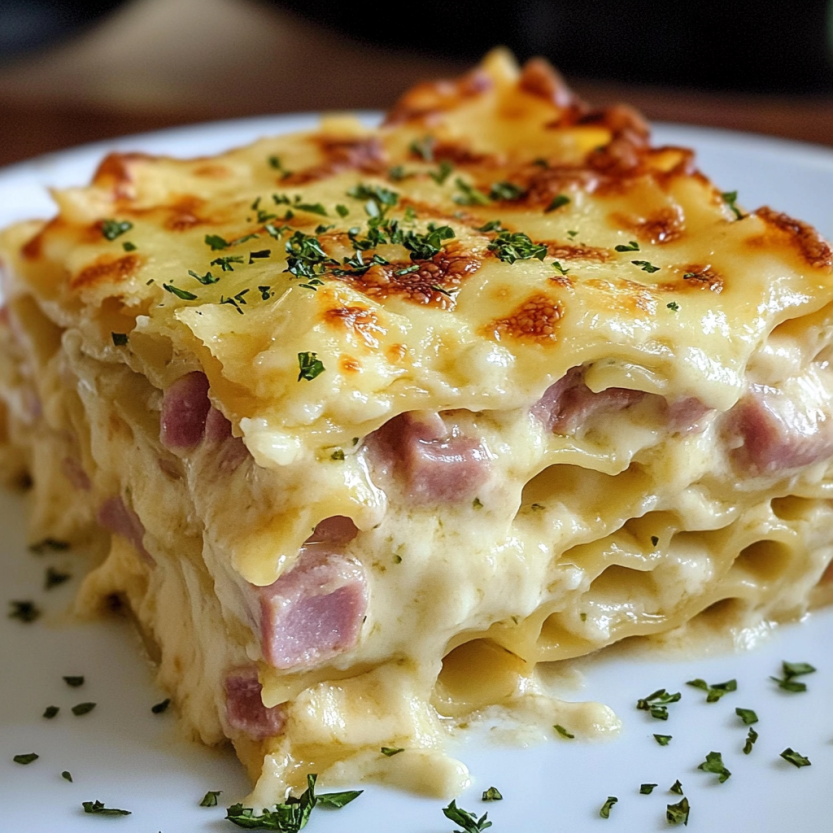 Une lasagna avec du ham et du fromage.