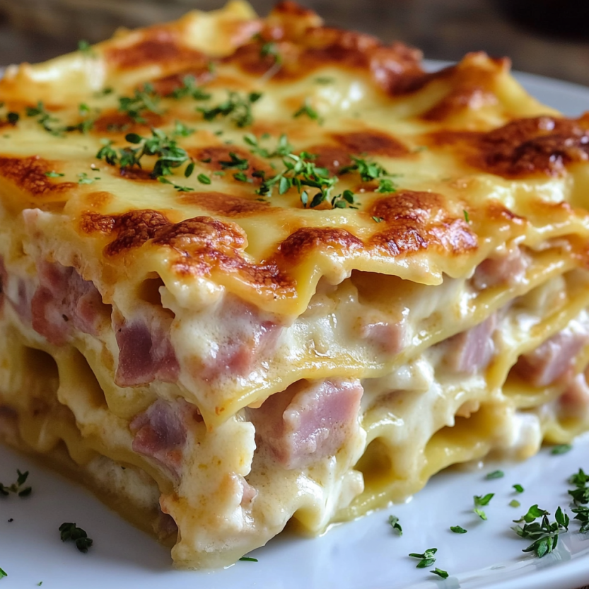 Une lasagna avec du ham et du fromage.