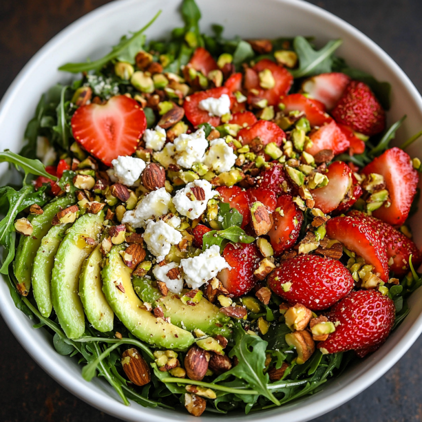 Une salade de fraises avec des noix et des avocats.
