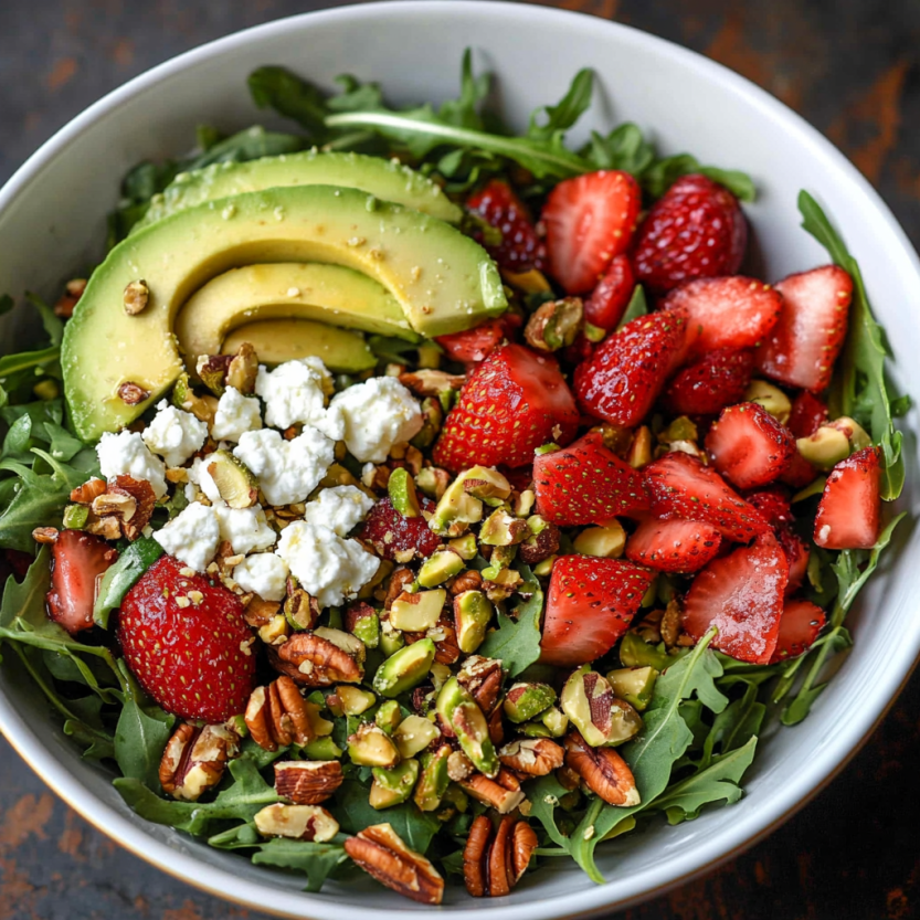 Une salade de fraises avec des noix et des avocats.