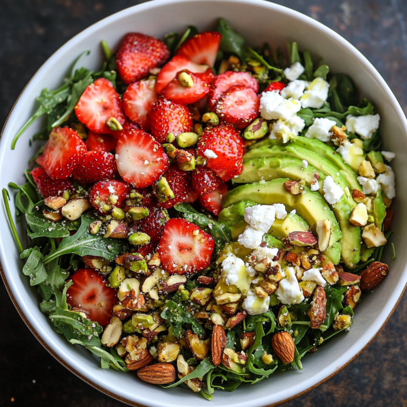 Une salade de fraises et de pistaches dans un bol.