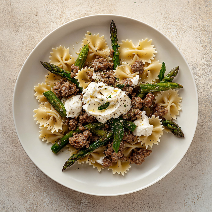 Une assiette de crispy sausage et d'asperges farfalle avec burrata.