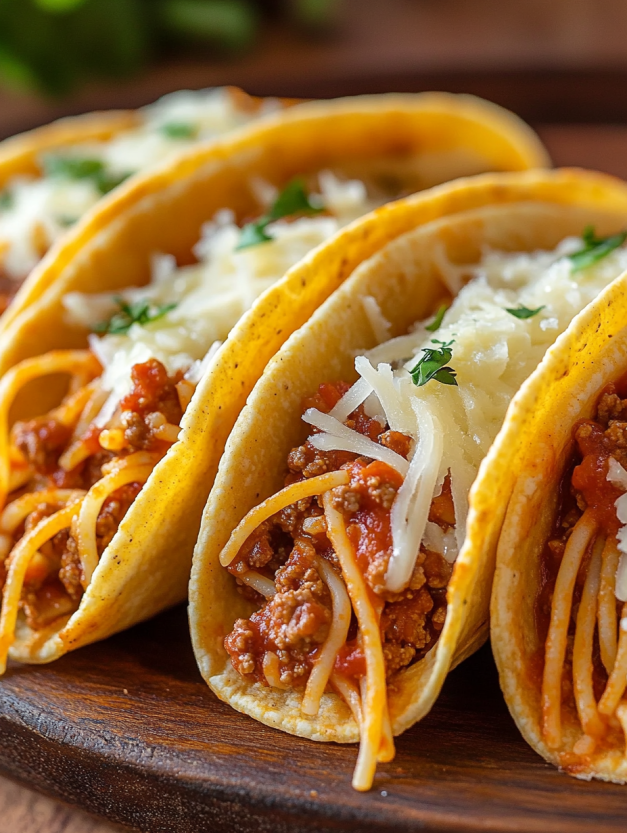 Des tacos de spaghetti avec des sauces et des herbes sur les pains de tortillas.