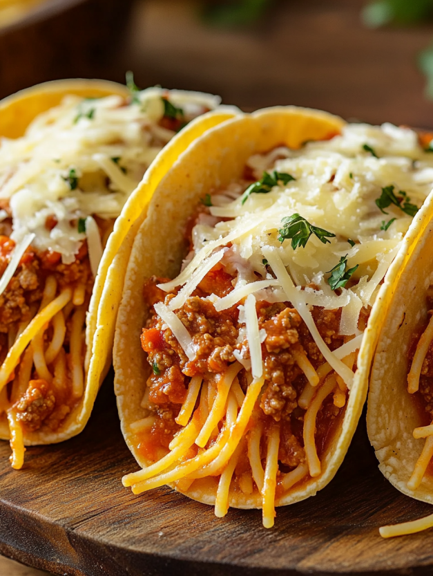 Des tacos de spaghetti avec des sauces et des herbes sur les pains de tortillas.
