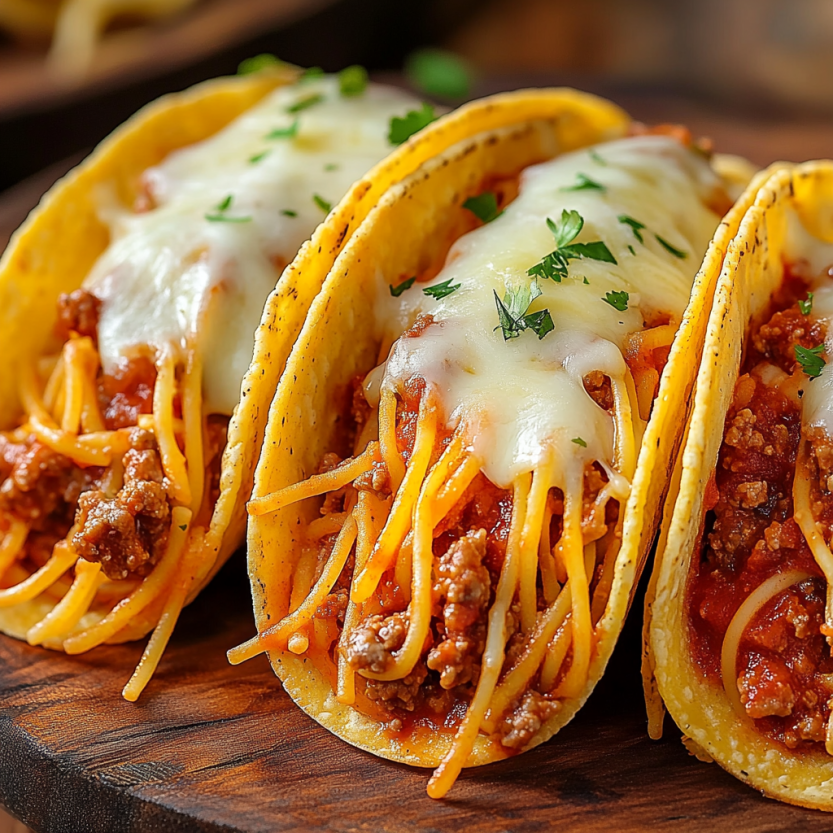 Des tacos de spaghetti avec des sauces et des herbes sur les toppings.