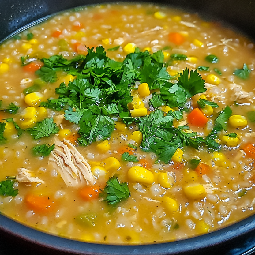 Une soupe de poulet et de lentilles avec des herbes vertes.
