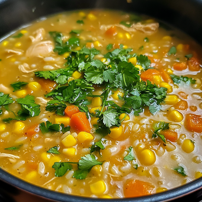 Une soupe de poulet et de lentilles est servie dans un bol.