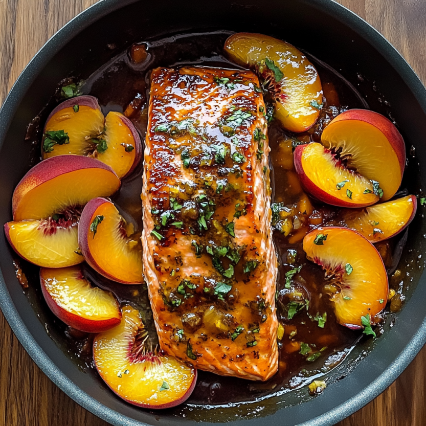 Salmon grillé avec des fruits de peche.