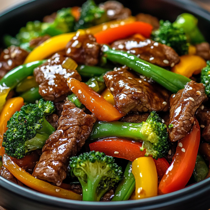 Une assiette de stir fry de viande de boeuf avec des légumes.