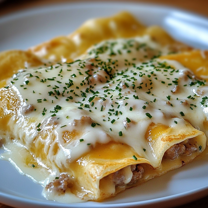 A plate of food with cheese and gravy.