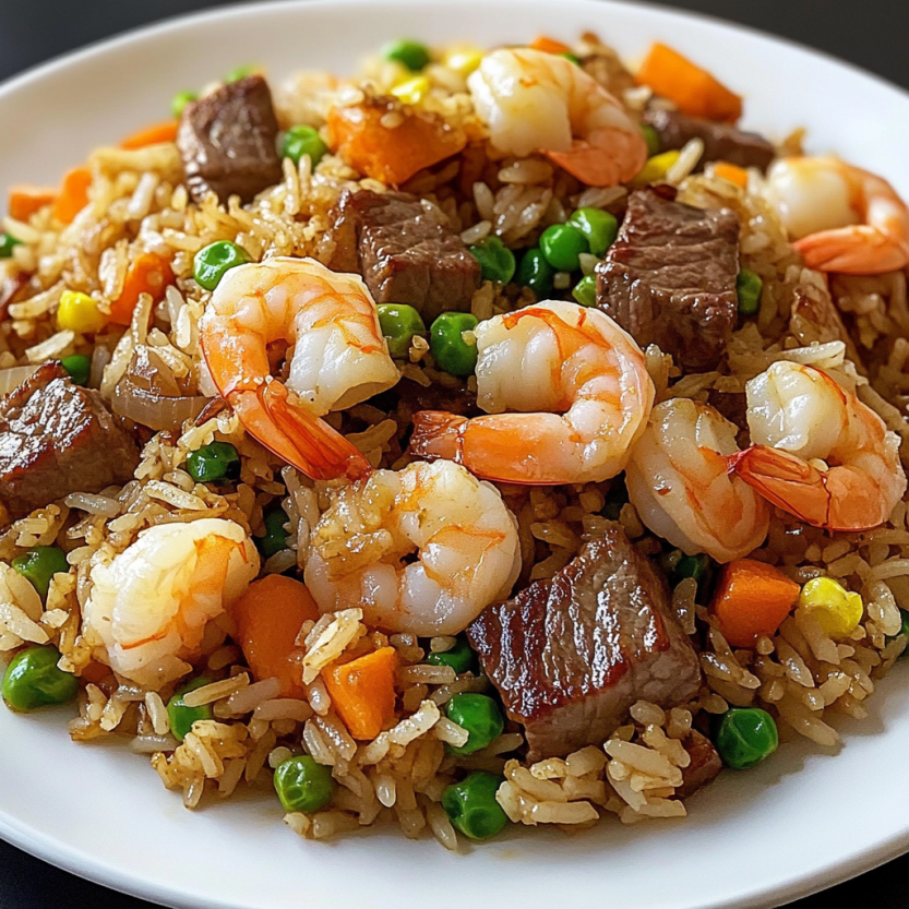 A plate of shrimp and steak fried rice.