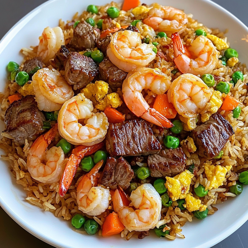 A plate of shrimp and steak fried rice.