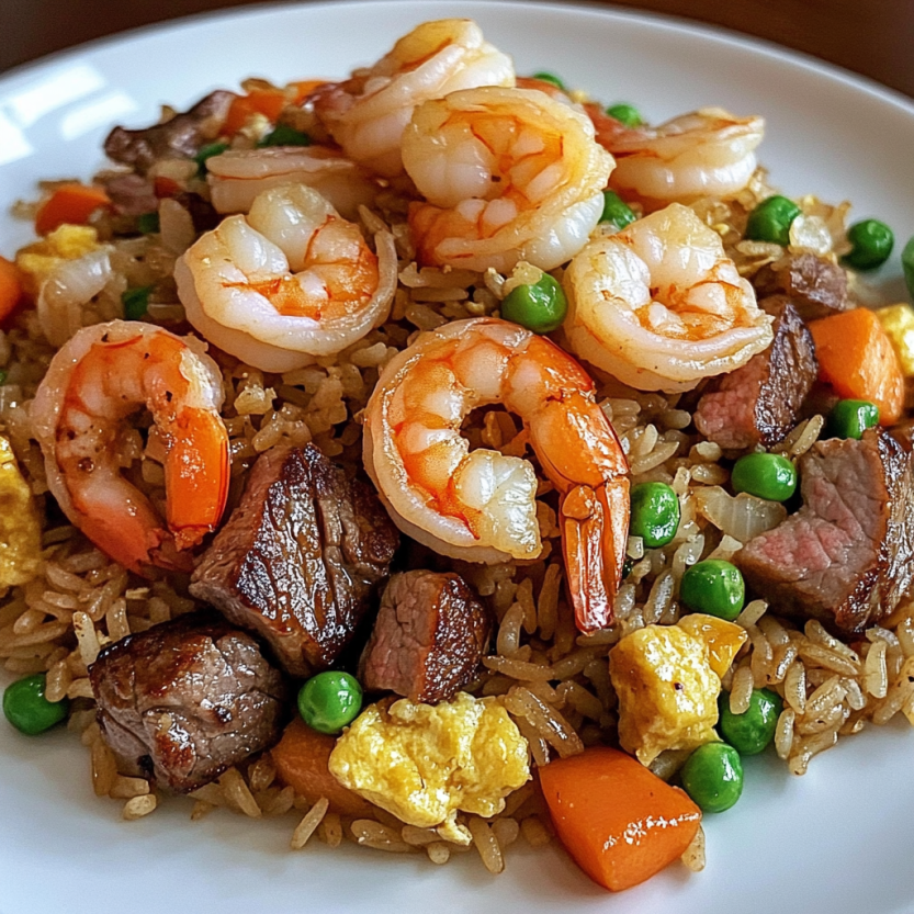 A plate of shrimp and steak fried rice.