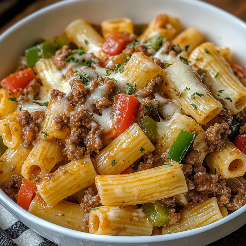 A bowl of pasta with meat and cheese.