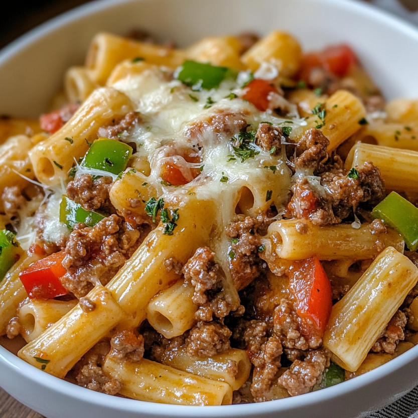 A bowl of pasta with meat and cheese.