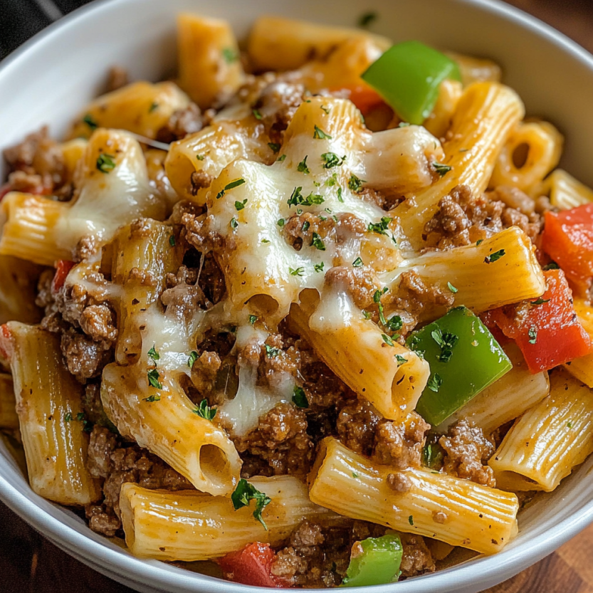 A bowl of pasta with meat and cheese.