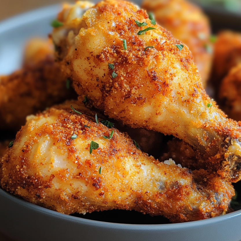 A bowl of fried chicken with herbs on top.