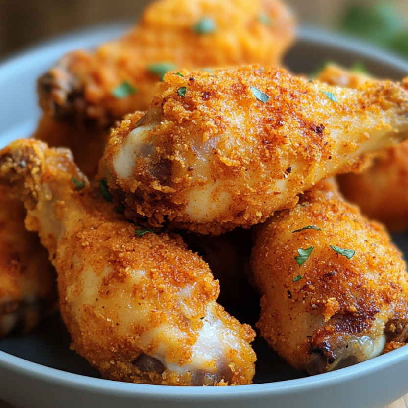A bowl of fried chicken with herbs on top.