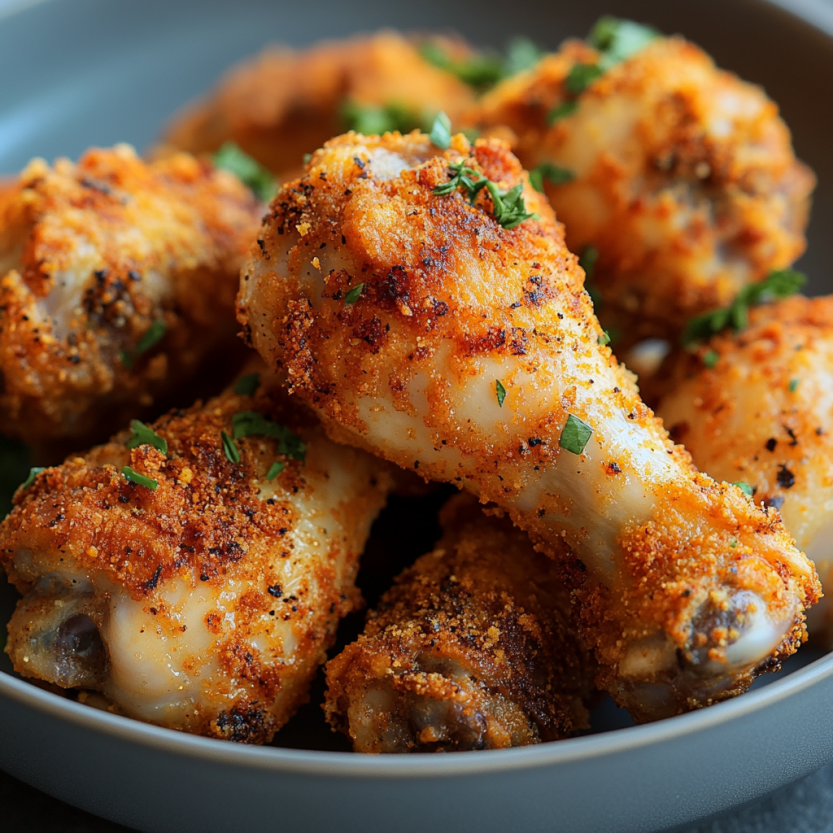 A plate of fried chicken with herbs on top.