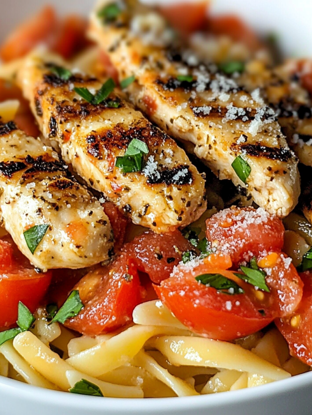 A dish of chicken, tomatoes, and pasta.