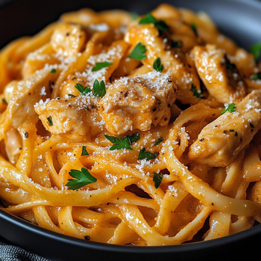A bowl of Cowboy Butter Chicken Linguine.