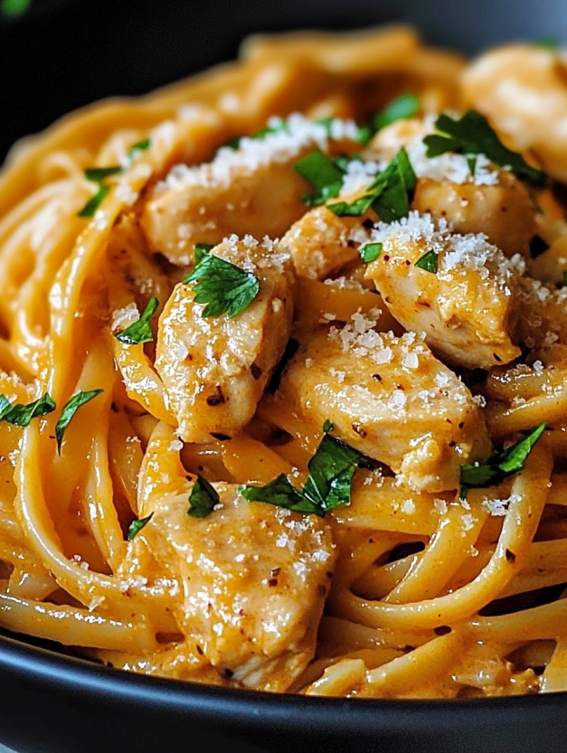 A plate of pasta with chicken and cheese.