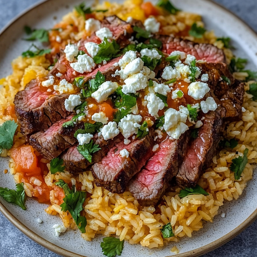 A plate of steak and rice with cheese on top.