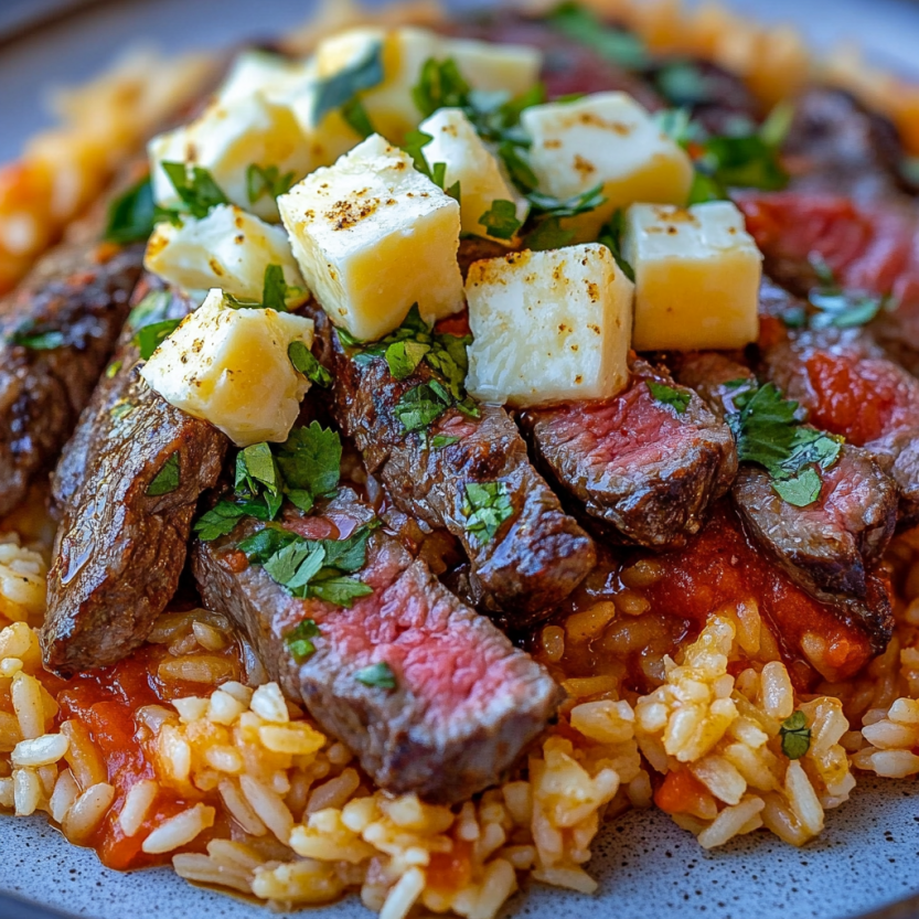 A plate of steak and rice with cheese on top.