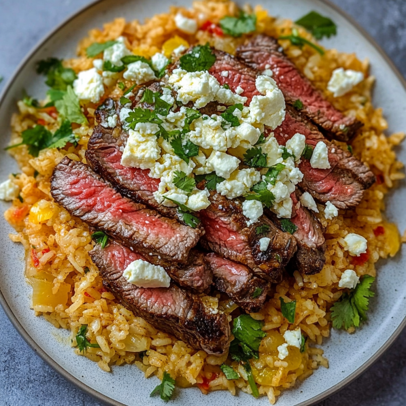 A plate of rice with steak and cheese on top.