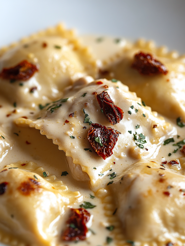 A plate of pasta with a creamy sauce and sun-dried tomatoes.