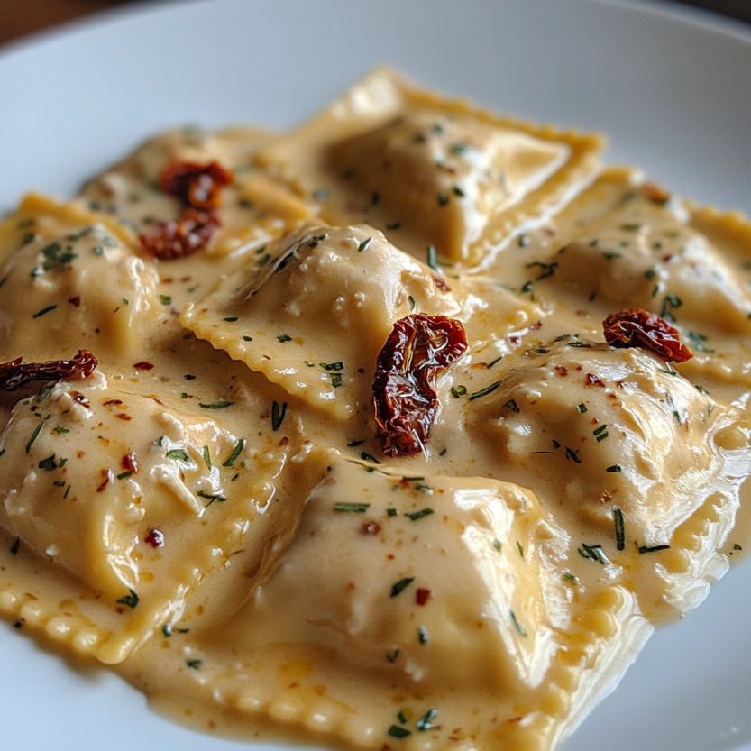 A plate of pasta with sun-dried tomatoes and chicken.