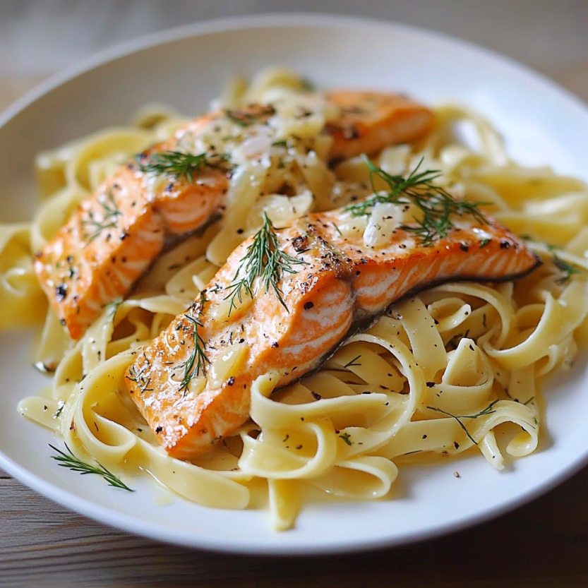 A plate of salmon with pasta and dill.